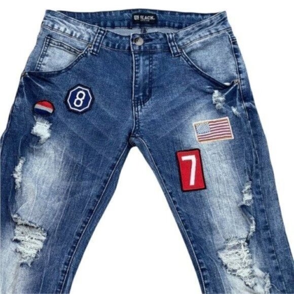 Black Premium Skinny Flex Blue trendy Jeans Distressed Patches Sz 28 /28 Hemmed - Picture 3 of 10